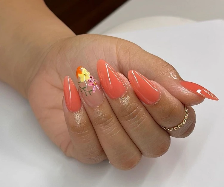 pastel orange chrome nails 2023 with summer decorations