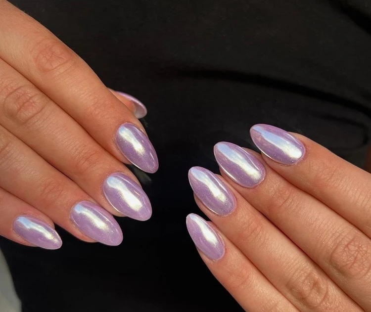 pastel purple chrome nails short almond shape
