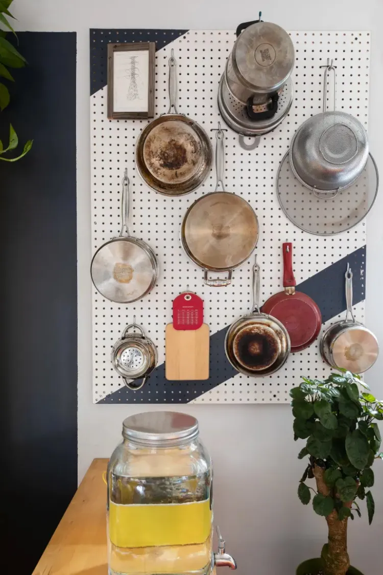 pegboard panel vertical wall storage oragnizing hacks small kitchen without a pantry