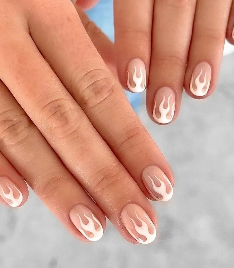 perfect white french tip nails with flames