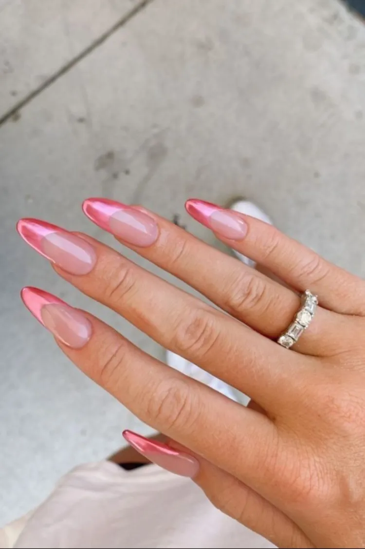 pink chrome french tips summer acrylic nails design ideas 2023