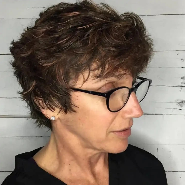 pixie hairstyle curly hair for women over 60 with glasses