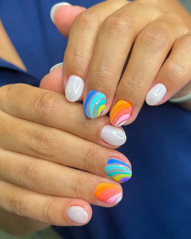 pride short nails manicure ideas 2023 rainbow squiggles