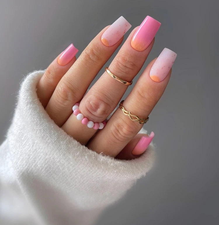 reverse french tip ombre nails 2023 pink and orange