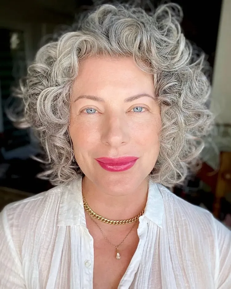 rounded curly bob defined curls gray hair women over 50 trendy hairstyle 2023