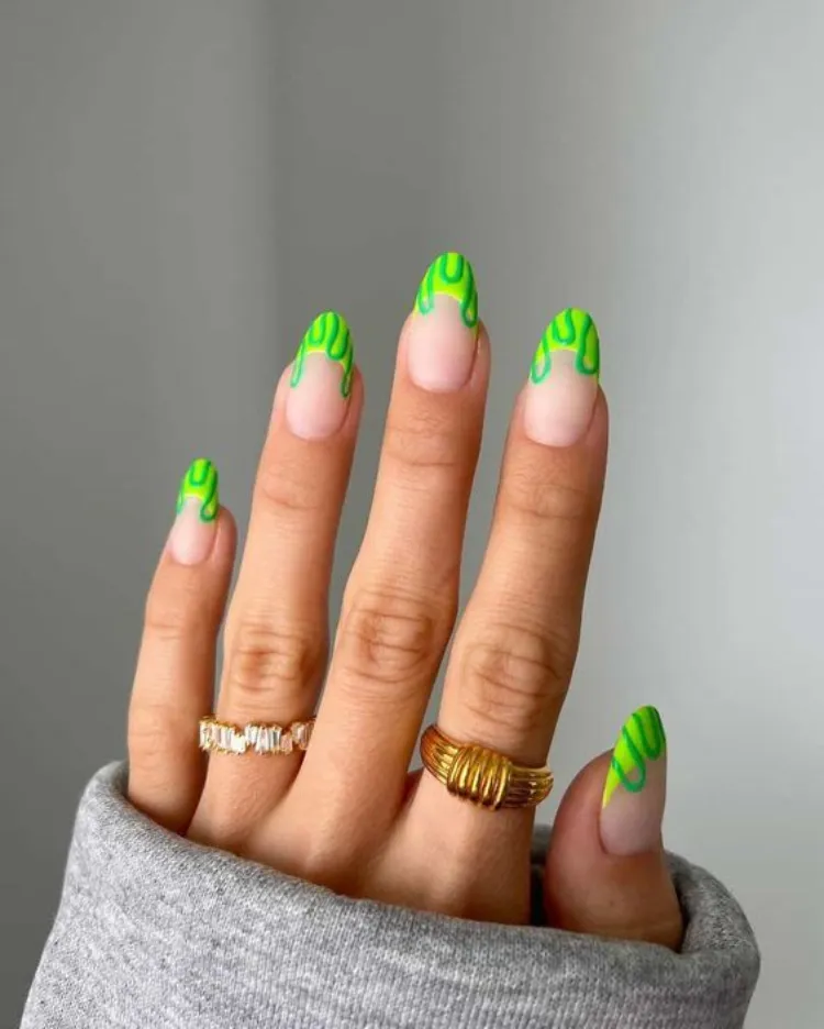 short acrylic summer nails akmond shape neon green french tips