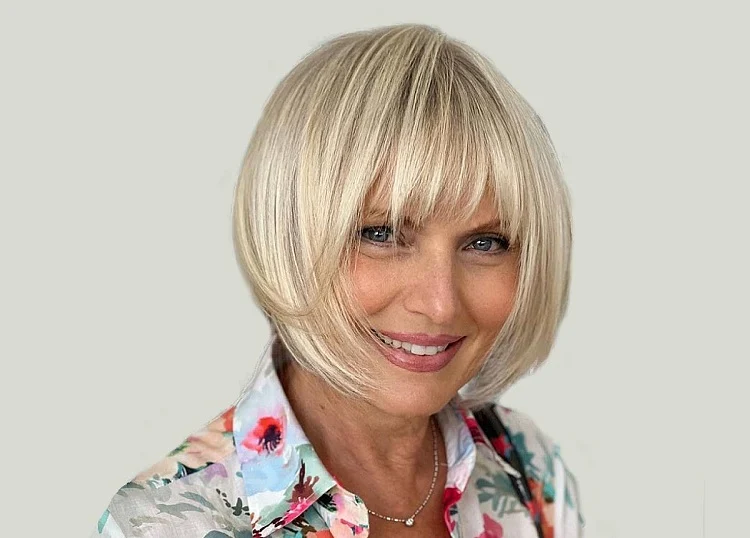 short blunt bob over 50 with bangs styling ideas 2023