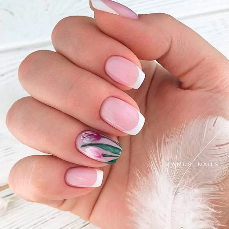 short french manicure with flower nail art