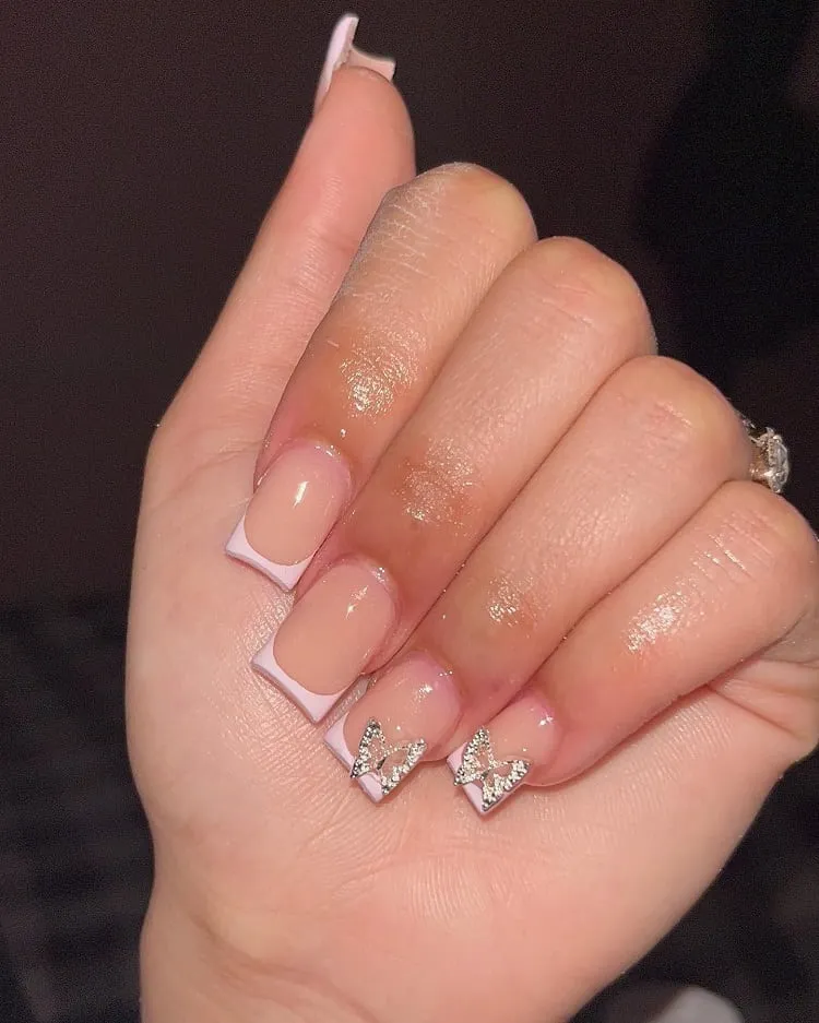 short french tip nails with diamonds