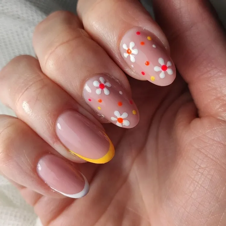 short oval nails colorful french tips minimalist floral decorations summer manicure 2023