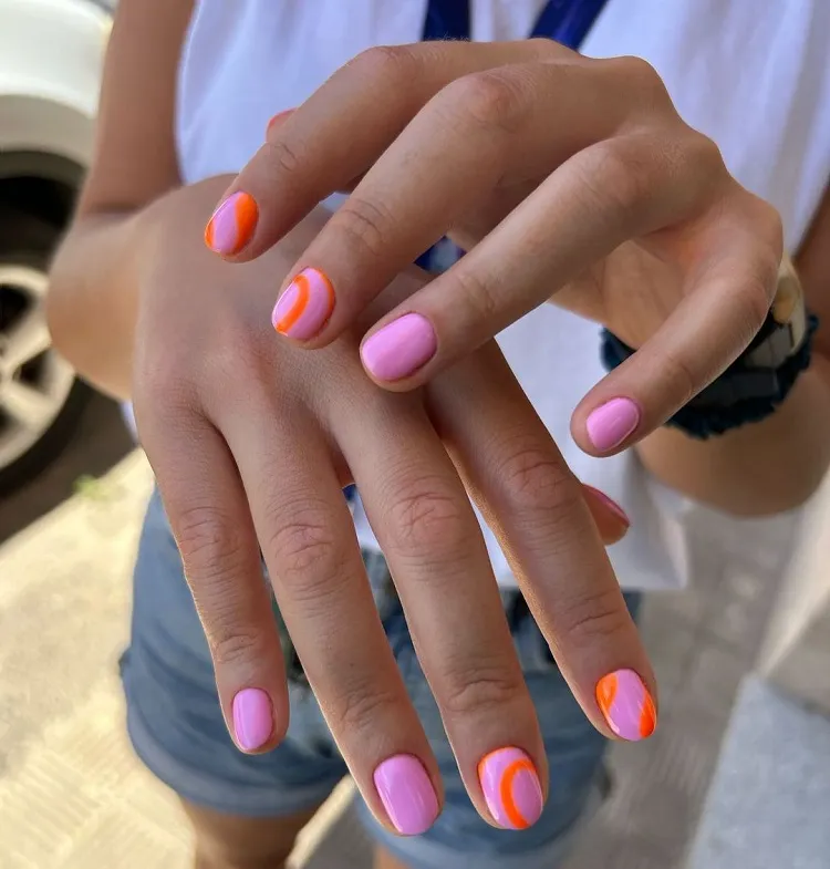 short pink summer nails neon orange decorations 2023