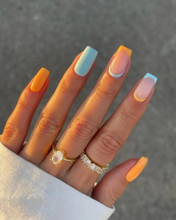 short square acrylic summer nails design blue orange doubrle french tips