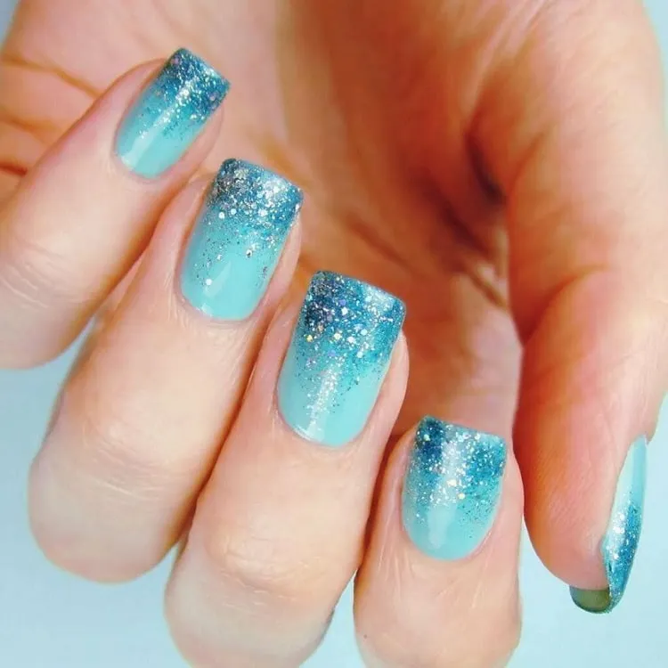 short square blue ombre nails with glitter
