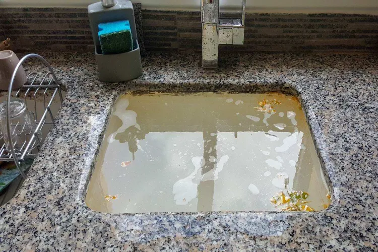 standing water and debris in sink