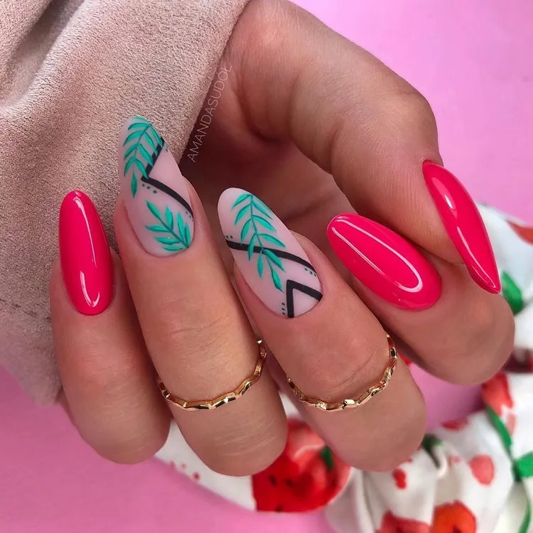 summer acrylic nails almond shape pink nail polish abstract decorations green leaves