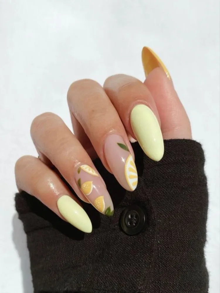 summer acrylic nails ideas almond shape lemon decoration design 2023