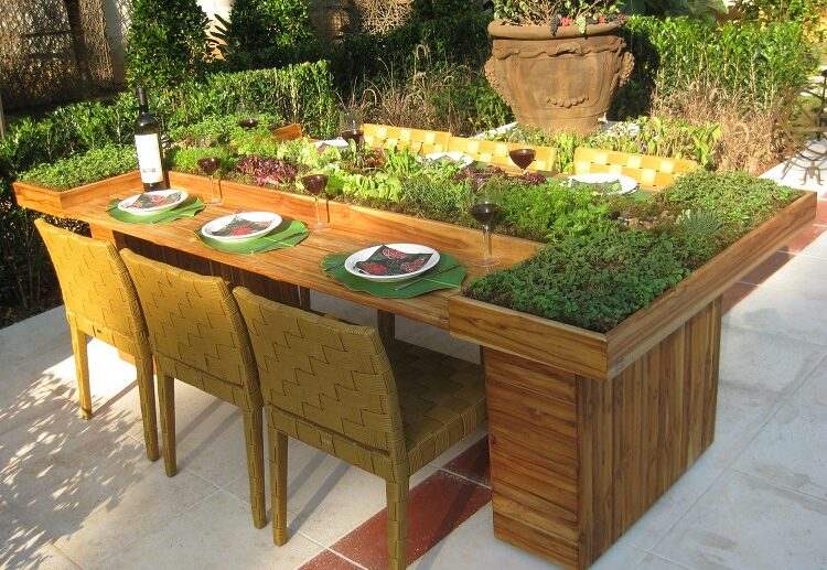 using old furniture in the garden plant flowers on the table's surface