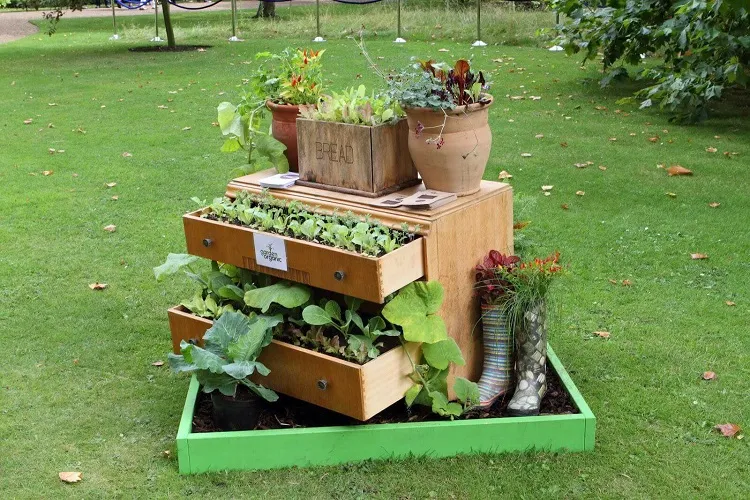 using old furniture in the garden turn an old cabinet into a mini vertical garden