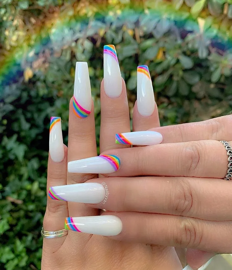 white coffin acrylic nails rainbow reverse french tip manicure ideas
