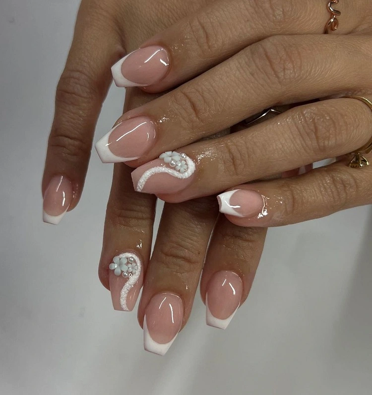 white french tip coffin nails with decoration