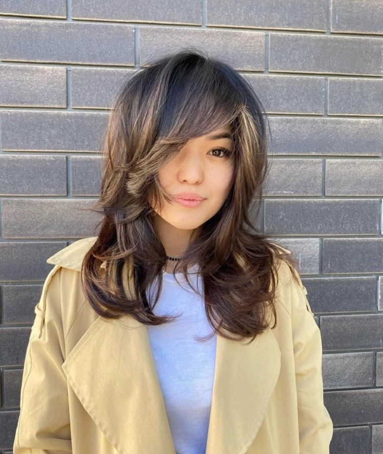 wolf haircut asian with side swept bangs for thick hair