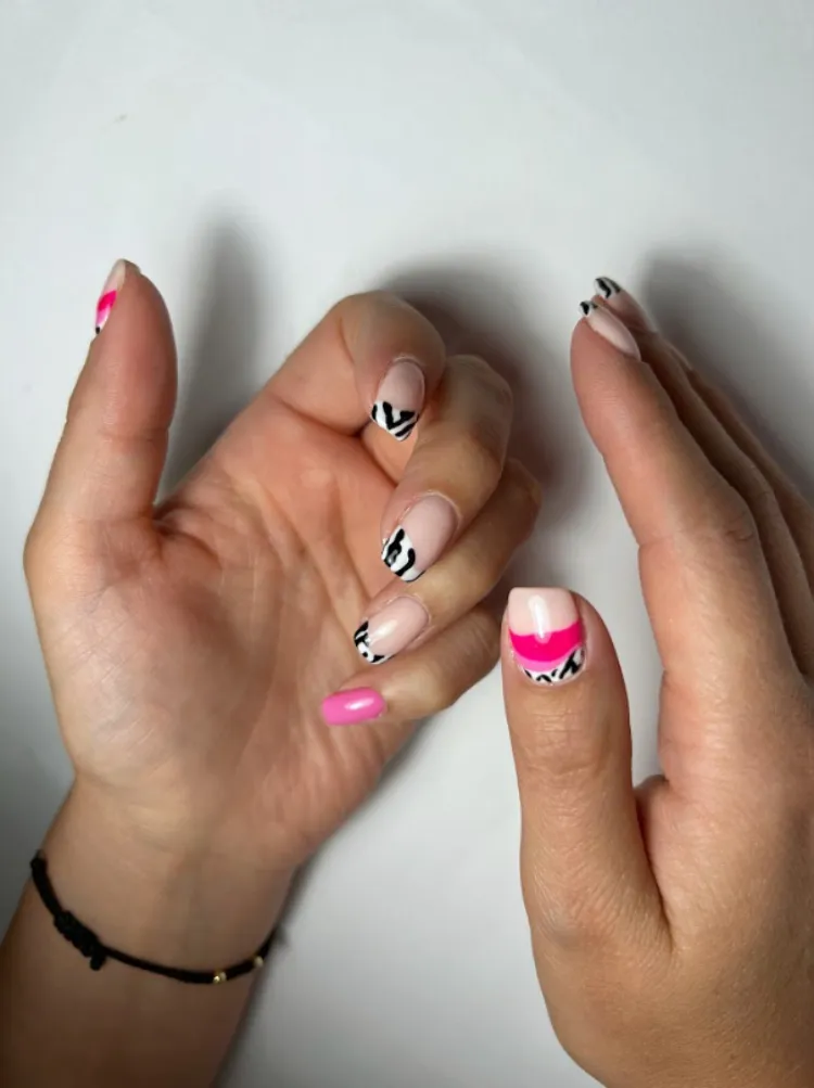 abstract animal print french tip bright pink summer manicure ideas 2023