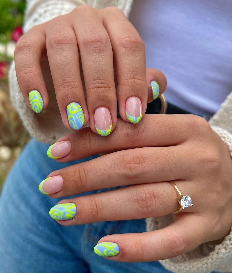 abstract french tip nails with lavender and neon yellow