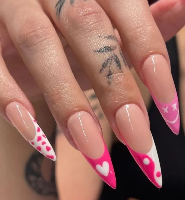 abstract mismatched illustrated pink french nails barbie inspired summer manicure 2023