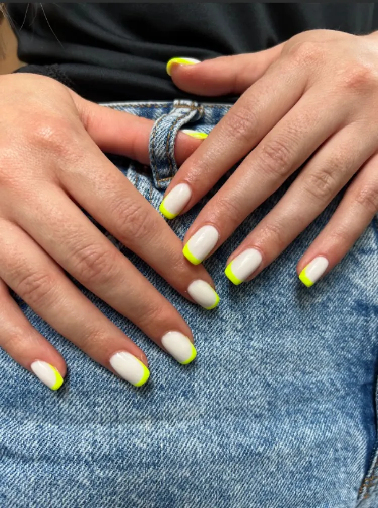 abstract neon yellow french tips short squoval nails summer 2023 ideas