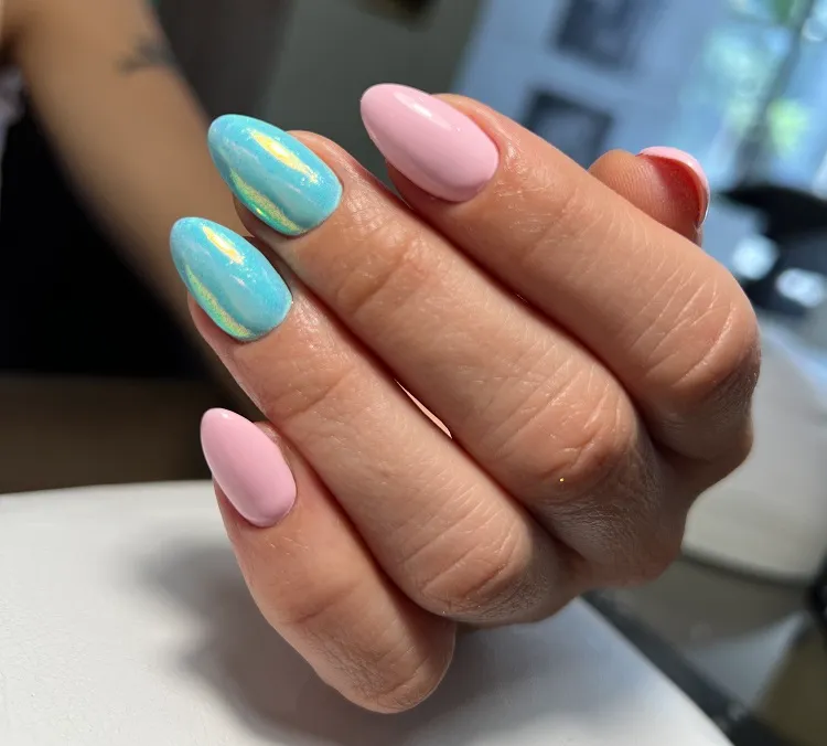 almond blue chrome nails with pink