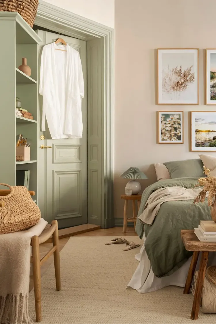 bedroom renovation decor ideas sage green beige white and light wood