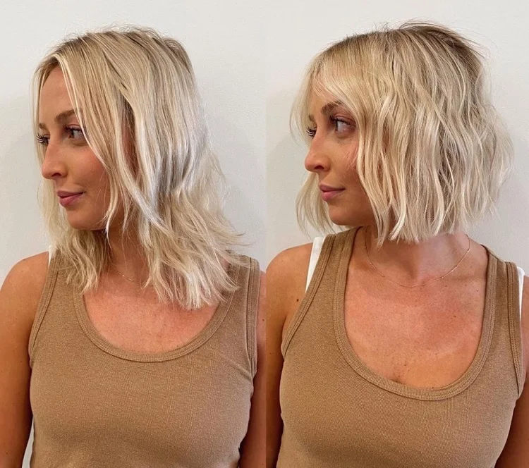 before vs after blunt bob haircut with waves