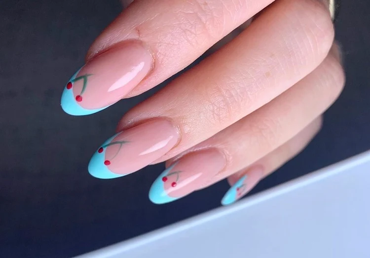 blue french tip nails with cherries summer 2023 designs