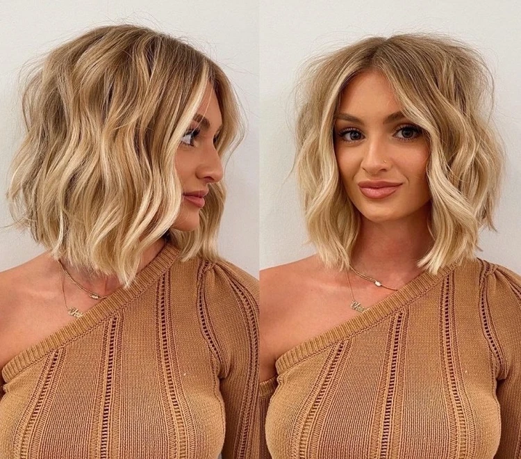 blunt bob with balayage blonde hair with waves