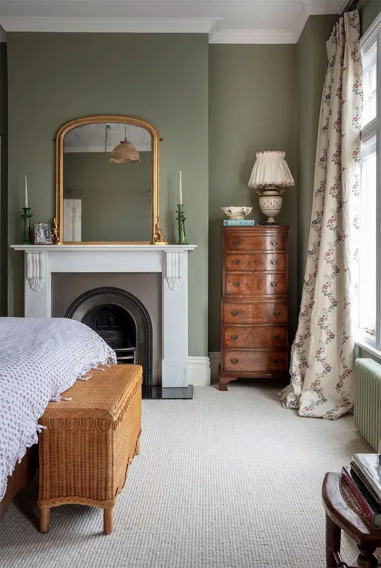 boho bedroom decor in sage green and white vintage furniture