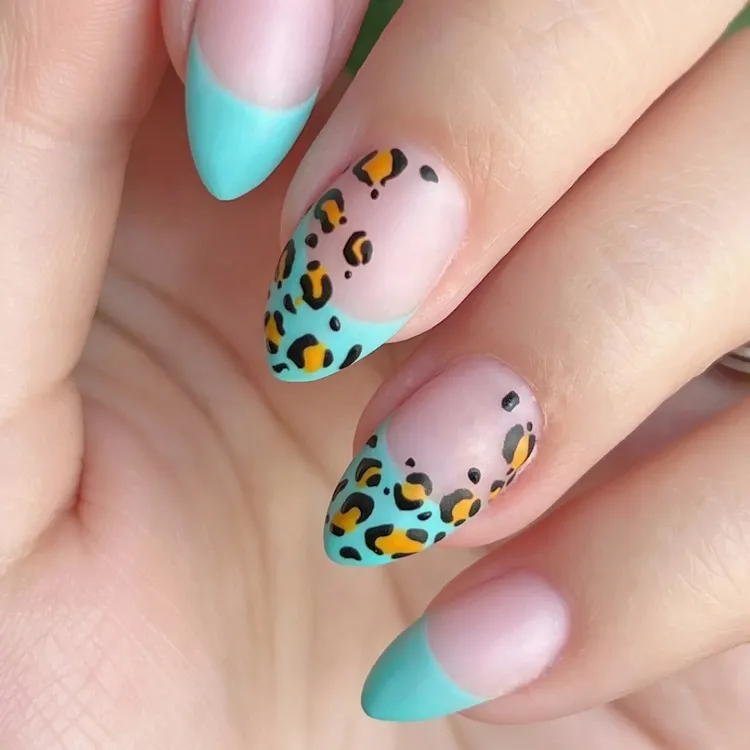 bright blue french tips leopard print fun playful summer manicure design ideas