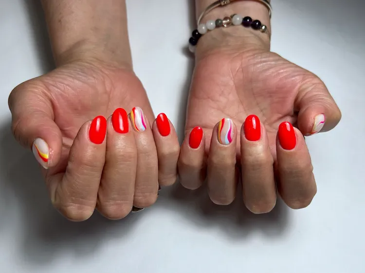 bright red colorful swirls summer manicure july nails 2023 trends ideas