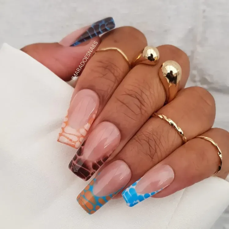 brown blue crocodile print french tips long square nails summer manicure ideas