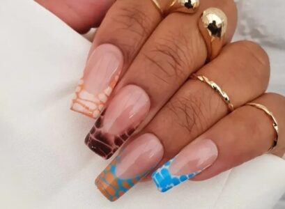 brown blue crocodile print french tips long square nails summer manicure ideas transformed