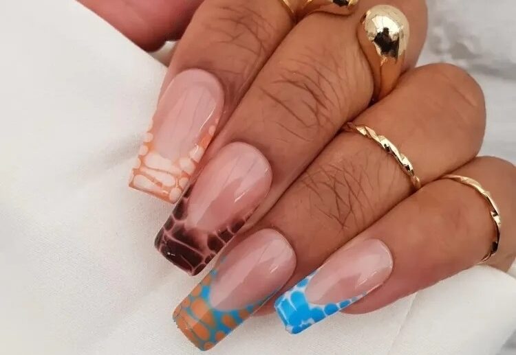 brown blue crocodile print french tips long square nails summer manicure ideas transformed