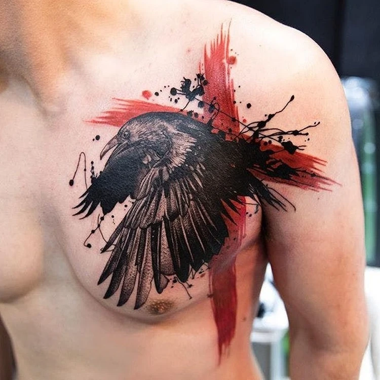 chest trash polka tattoo design with a crow 2023