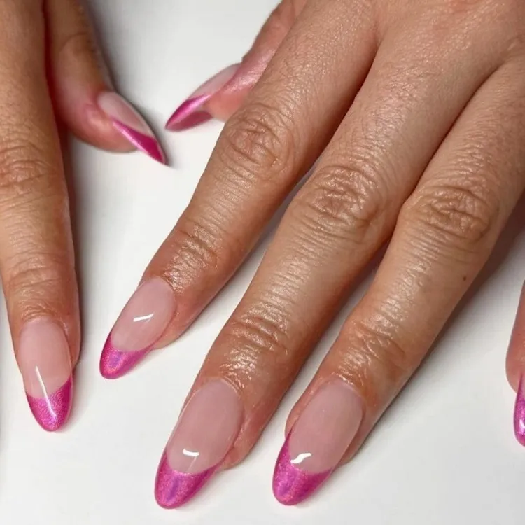 chrome pink french manicure barbiecore nails summer 2023