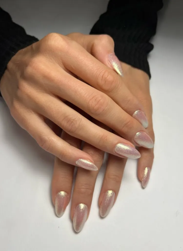 chrome pink glitter nails long almond shape manicure summer ideas july 2023