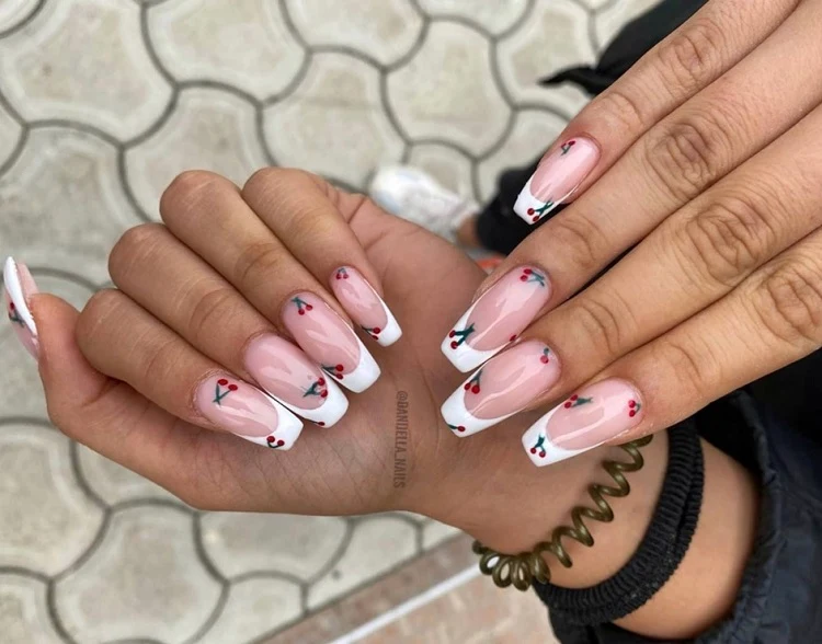 coffin french tip nails with cherry summer 2023
