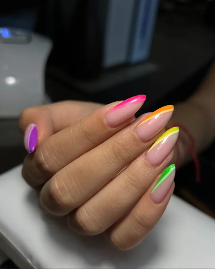 colorful rainbow angled french tips long stiletto summer nails july 2023 trends