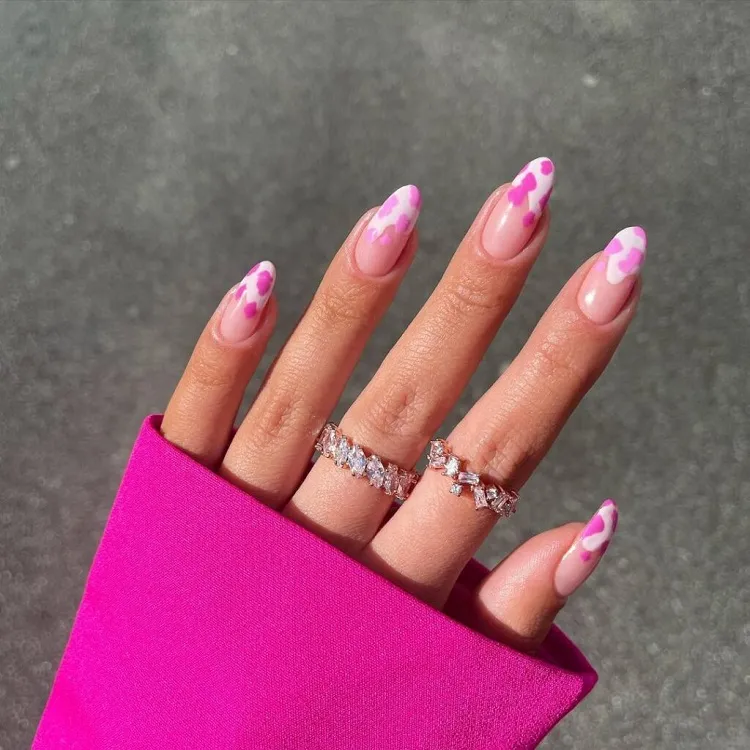 cow print barbiecore pink french manicure ideas long oval nails design summer 2023
