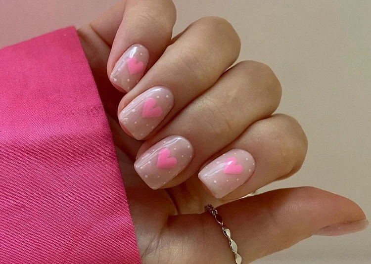 cute short square nails with pink hearts barbie inspired manicure