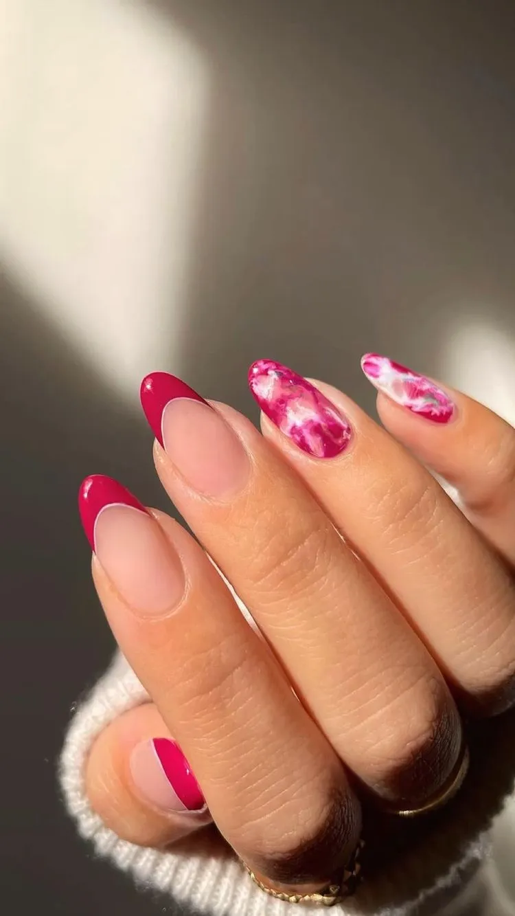 deep pink tie dye french tip nails barbiecore summer manicure ideas 2023