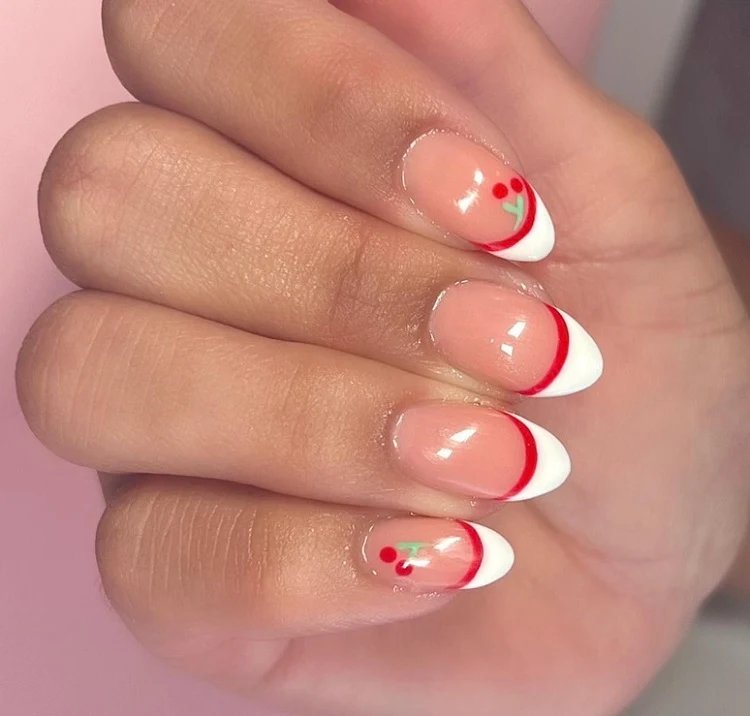 double french tip nails with red and white cherries