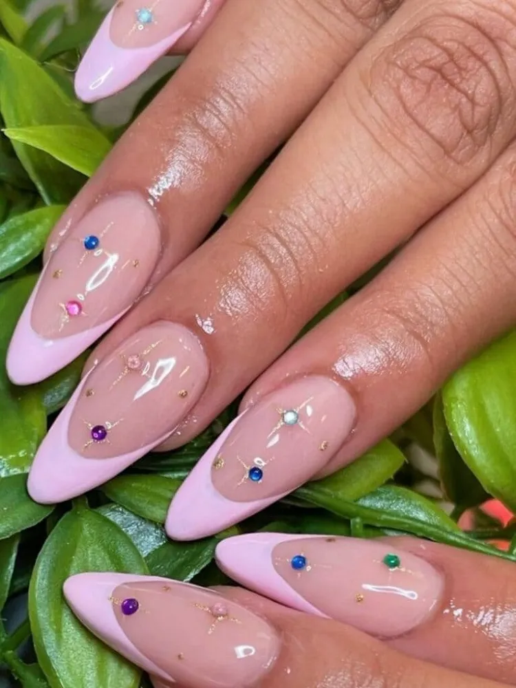 elegant pastel pink french nails colorful gems barbiecore abstract manicure ideas